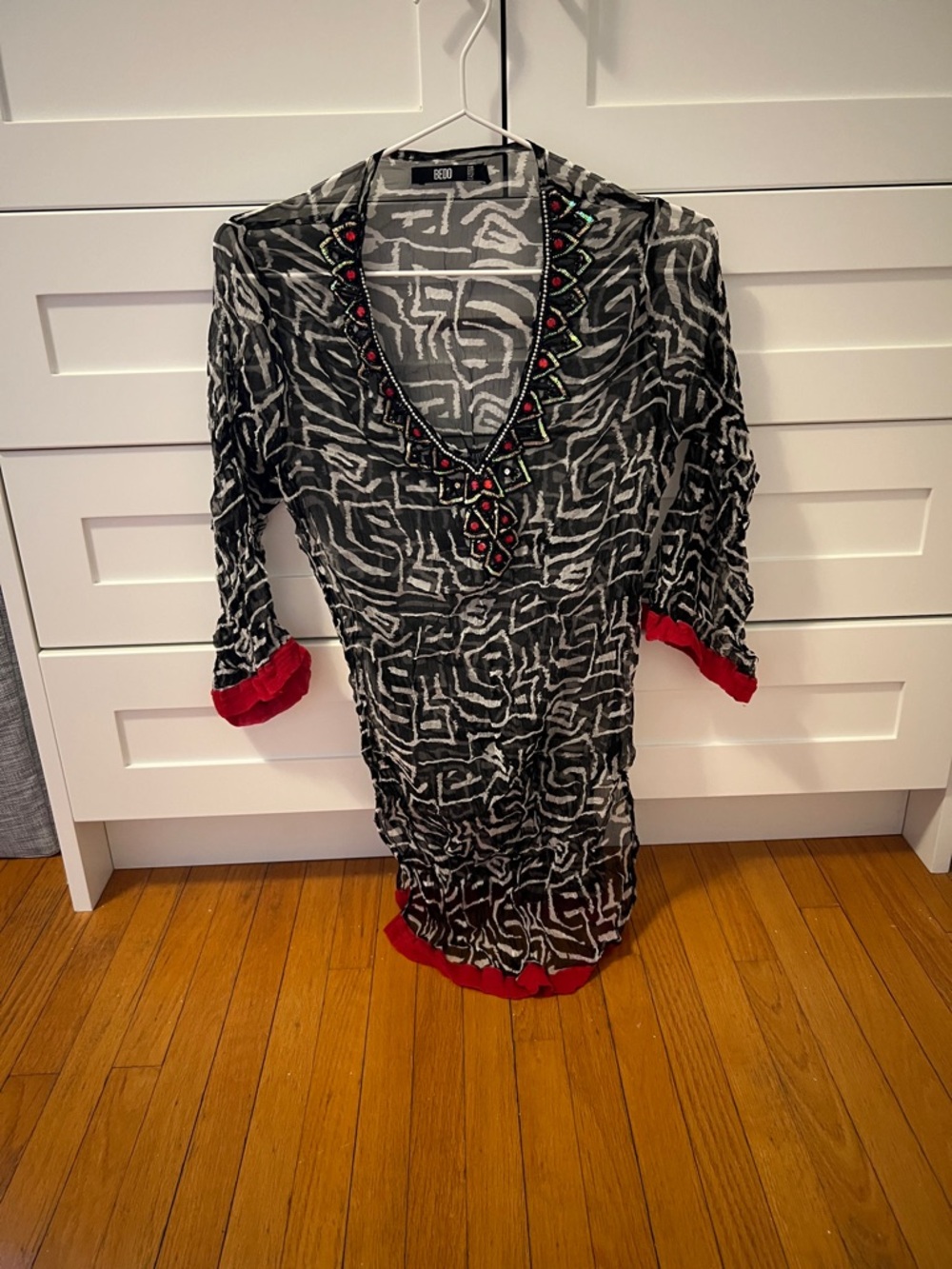 Bedo Black & White Patterned Blouse with Red Trim